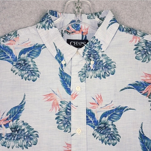 Chaps Men's Linen Shirt Short Sleeve Button Up Tropical Hawaiian Blue Large - Picture 1 of 11